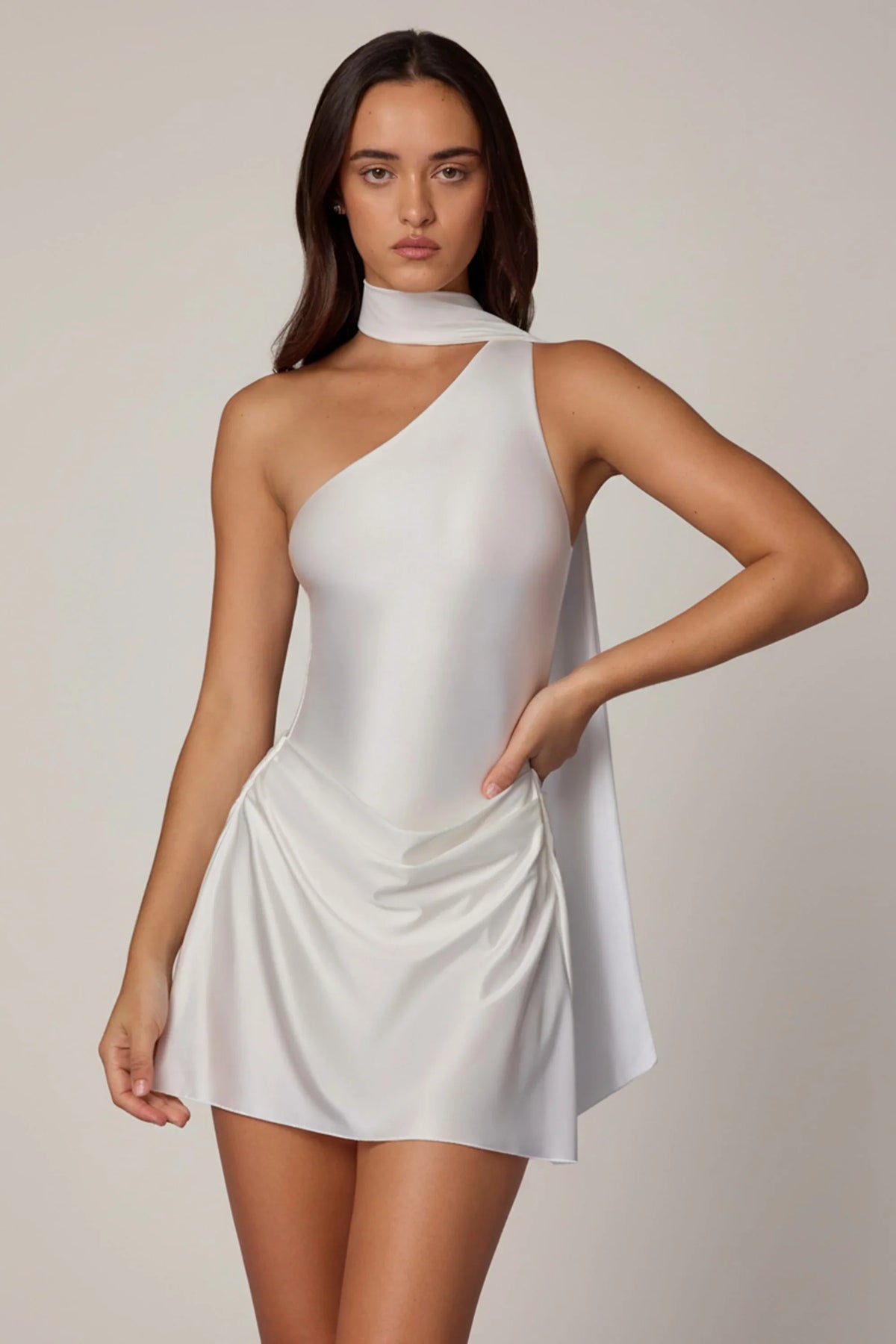 Asymmetric Scarf-Detail Mini Dress in White