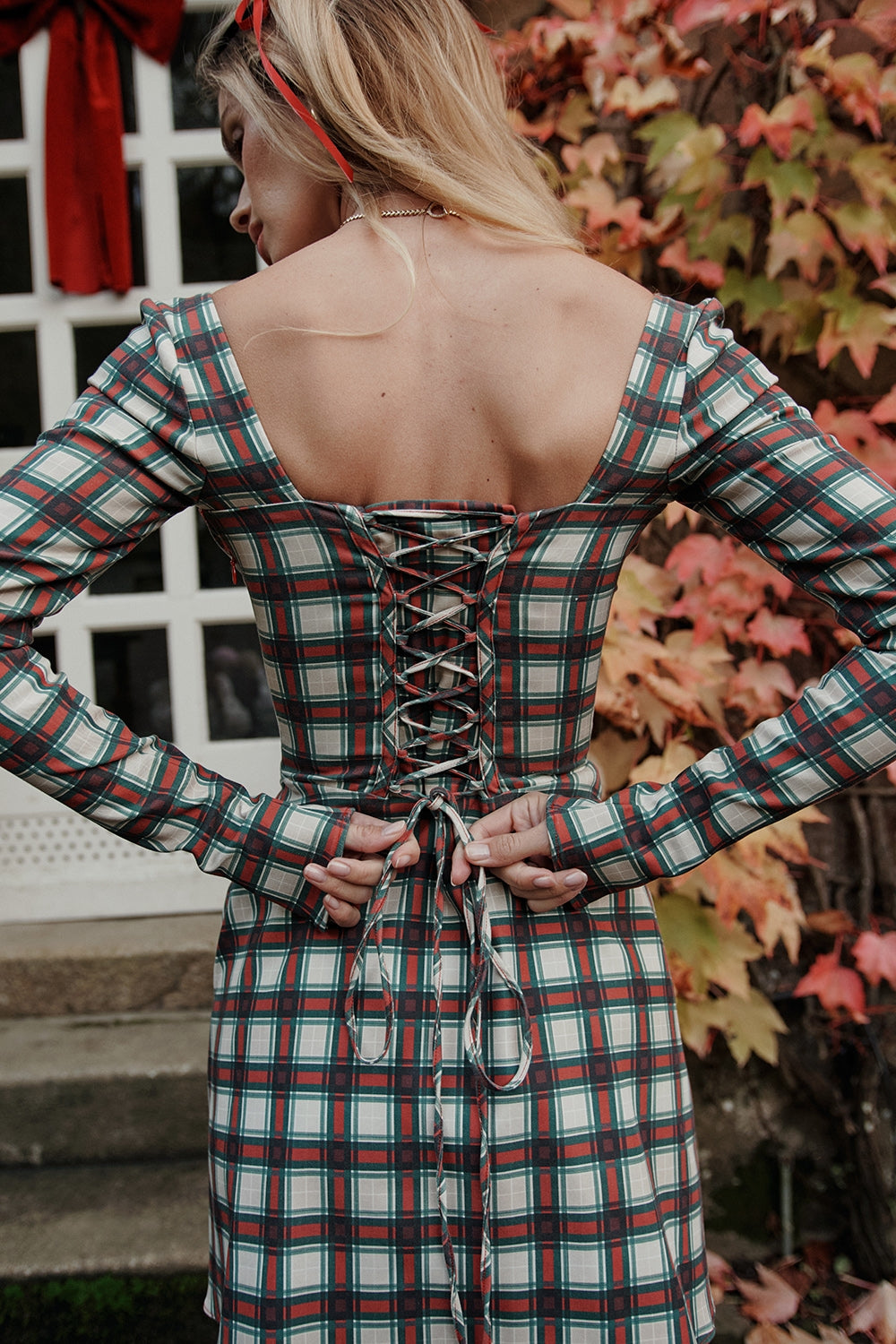 red tartan corset mini dress
