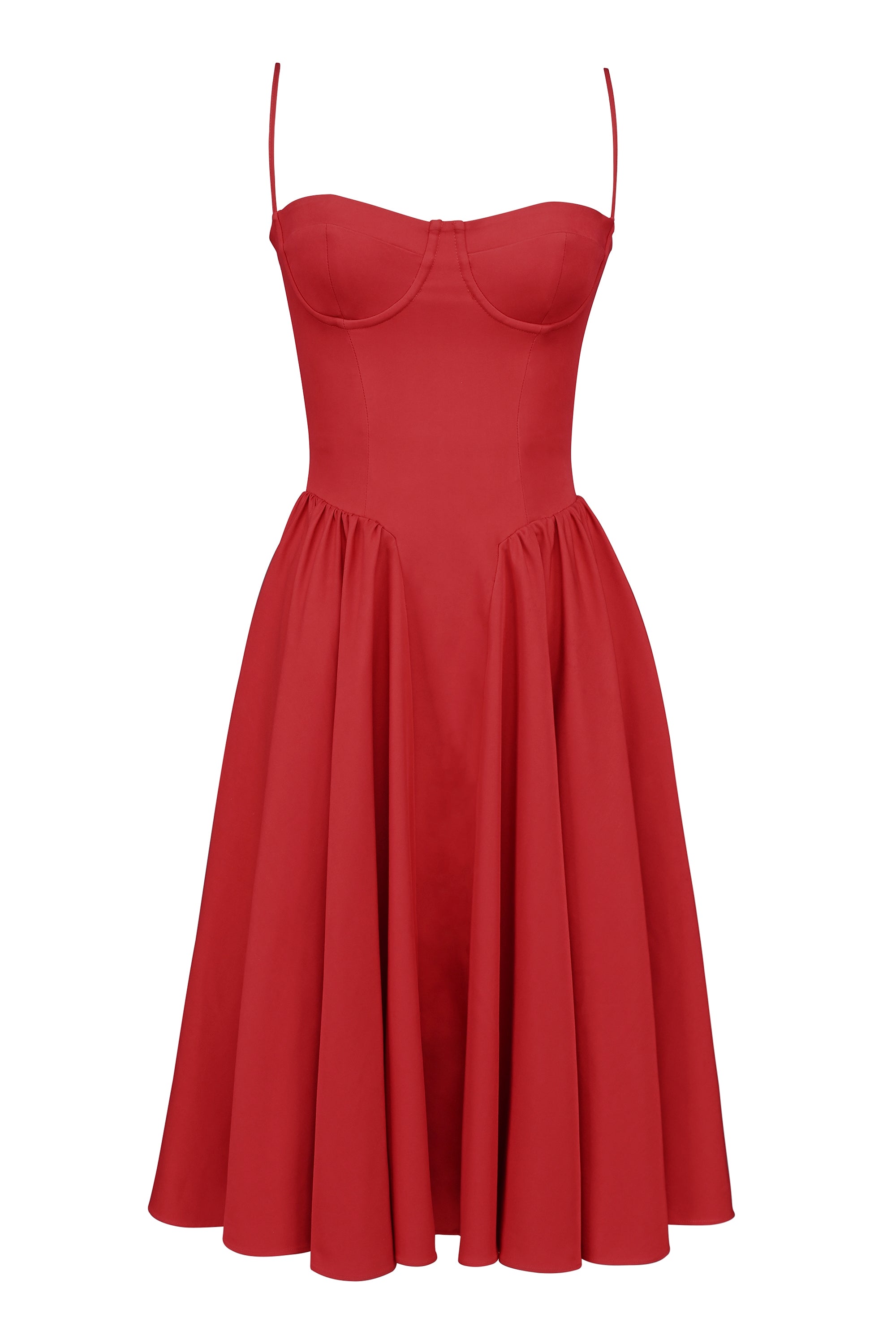 red gathered midi dress
