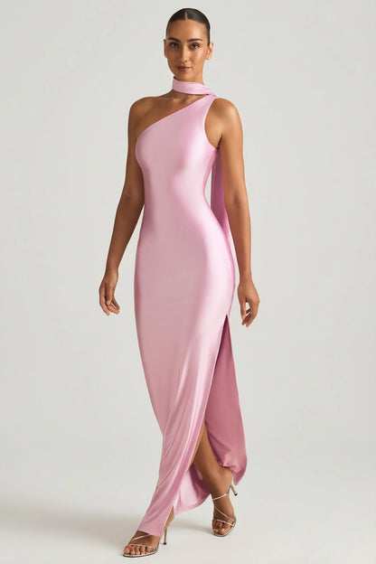 Asymmetric Scarf-Detail Maxi Dress in Soft Pink