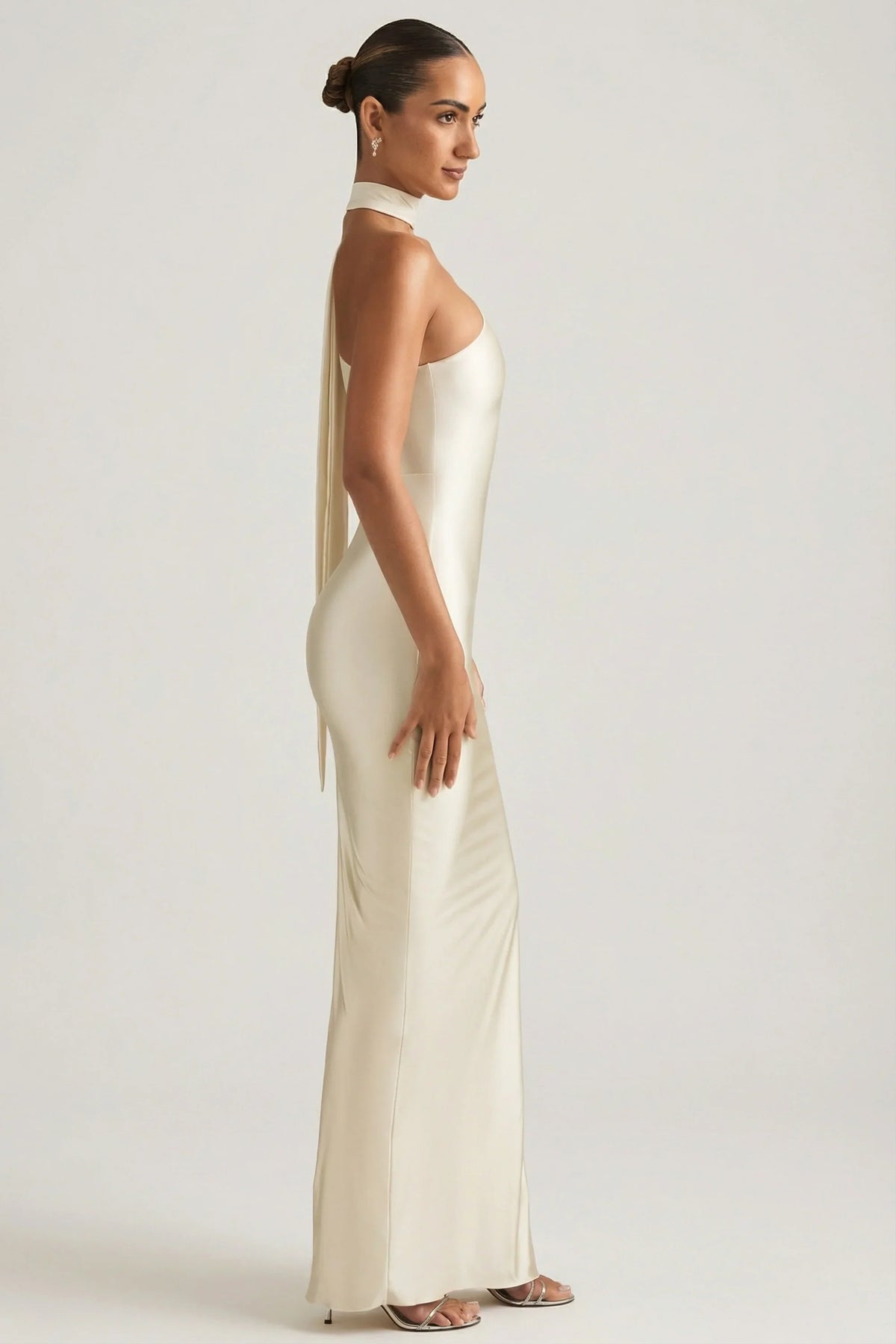 Asymmetric Scarf-Detail Maxi Dress in Ivory