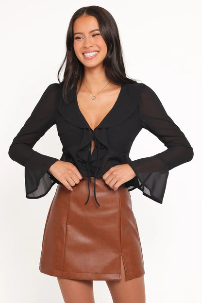Elora Chiffon Ruffle Front Top - Black