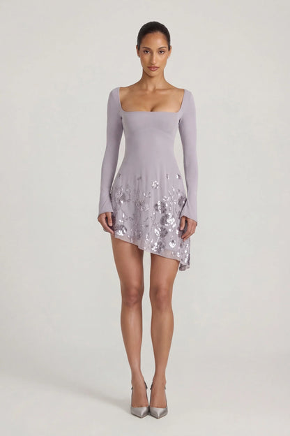 Embellished Appliqué Asymmetric Mini Dress in Lilac