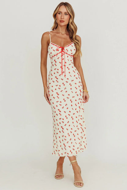 Heart Ablaze Strawberry Cherry Print Midi Dress Cream