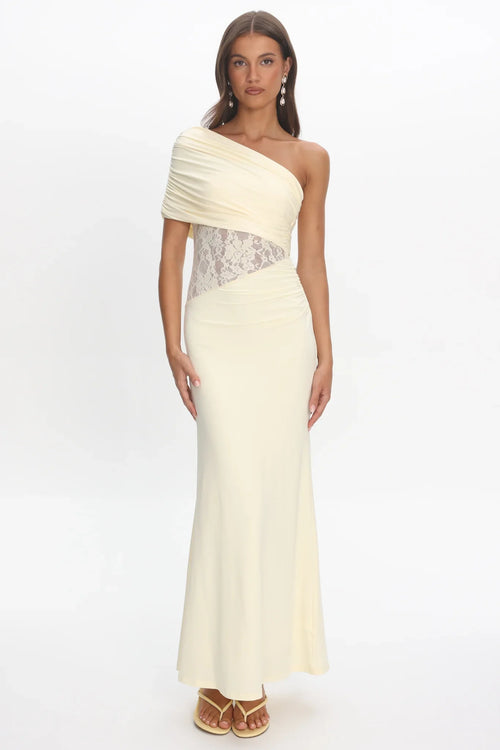 Mallorca Asymmetric Neckline Lace Maxi Dress Butter