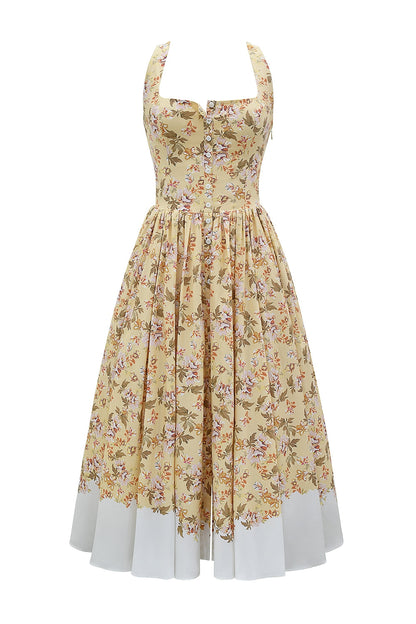 honeyflower print gathered cotton midi dress