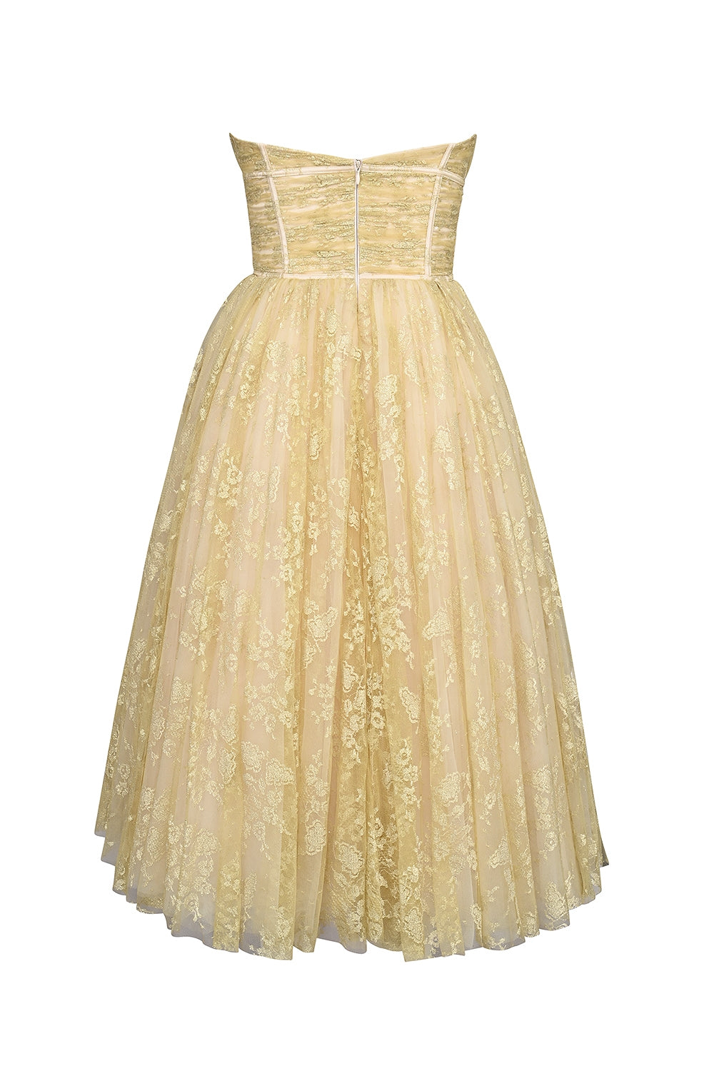 gold metallic lace tulle midi gown