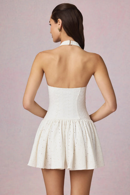 Modal Broderie Anglaise Halterneck Mini Dress in White