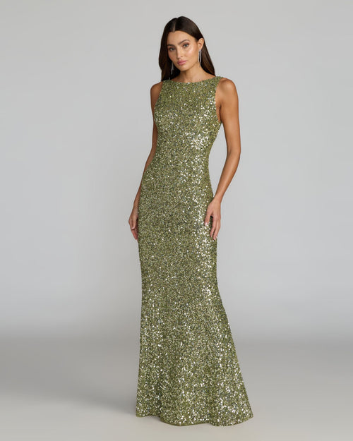 Green Sequin Open Back Column Gown