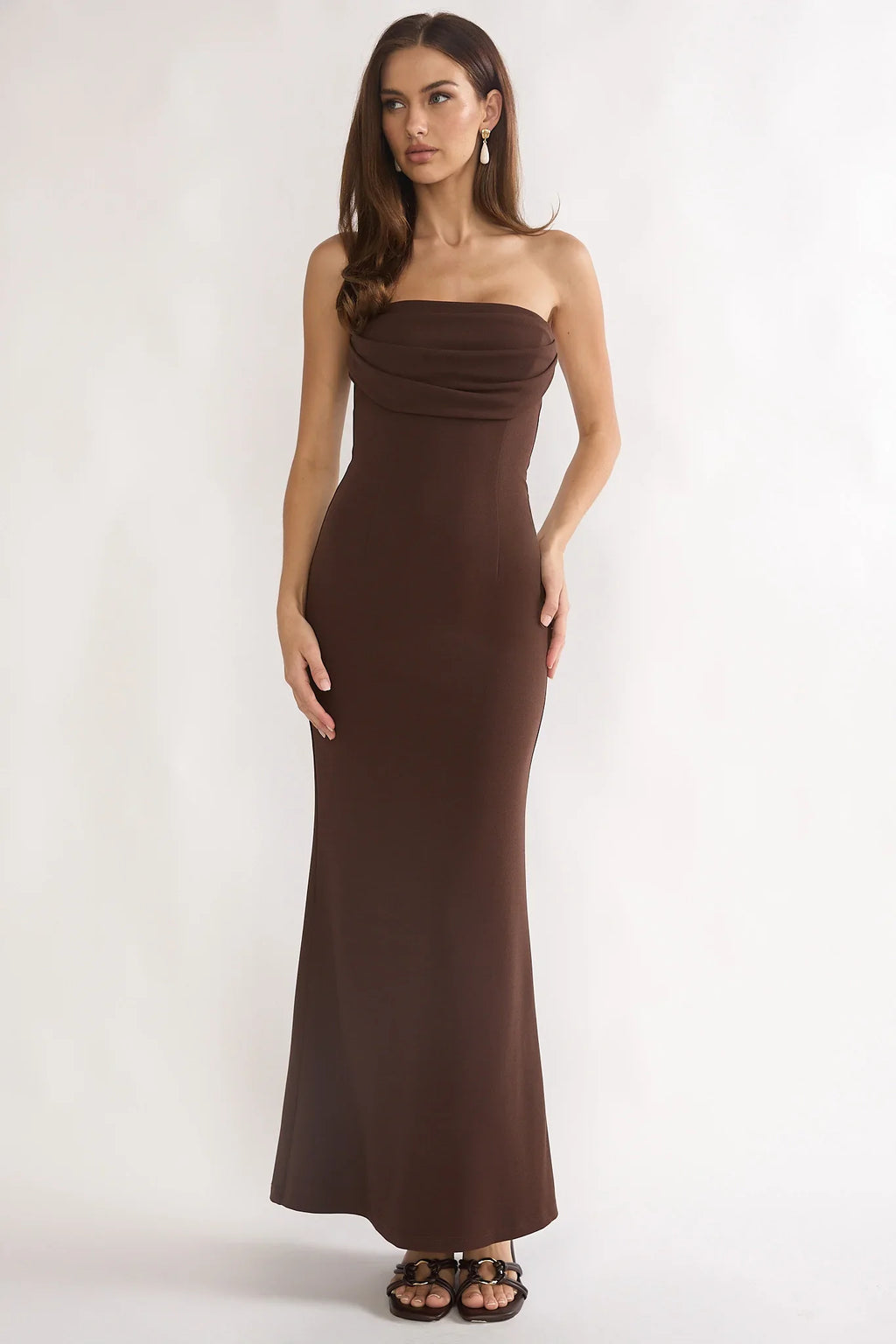 Well Versed Strapless Pleat Bust Maxi Dress Chocolate