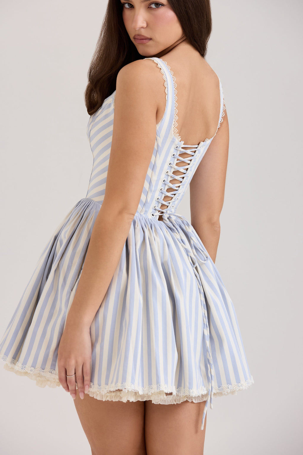 blue striped pintucked mini dress