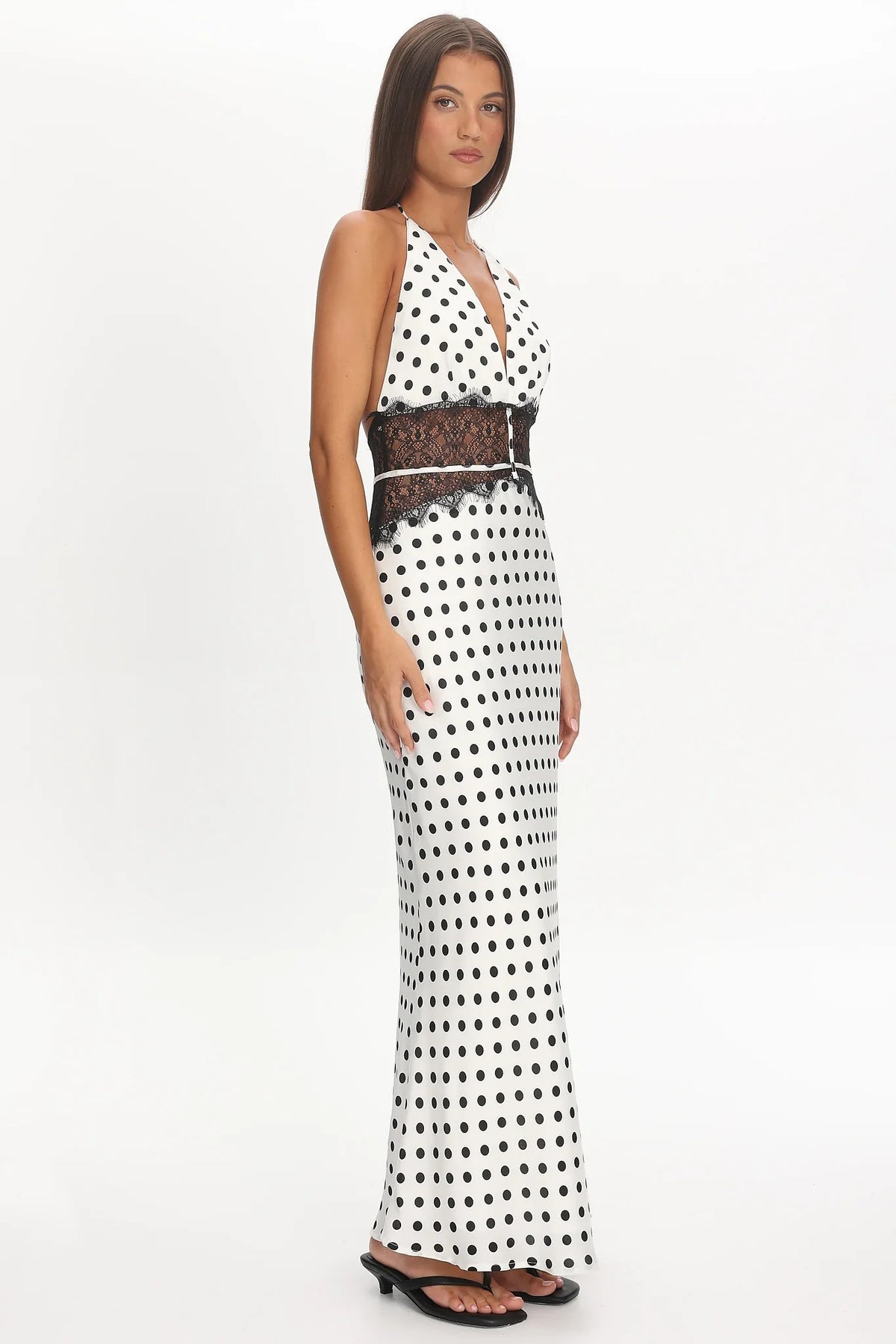 Tarly Lace Waist Halter Maxi Dress Polka Dot White