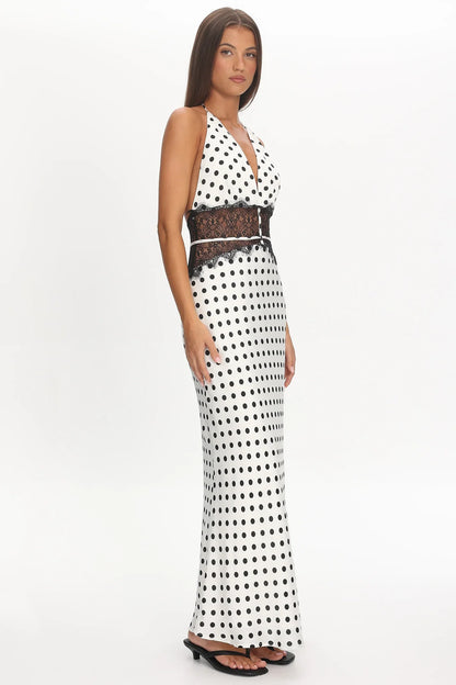 Tarly Lace Waist Halter Maxi Dress Polka Dot White