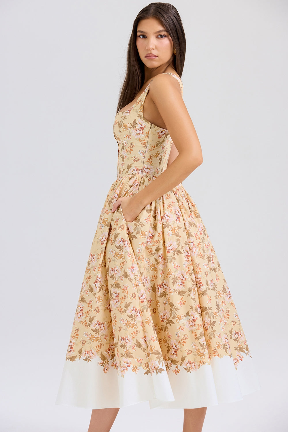 honeyflower print gathered cotton midi dress