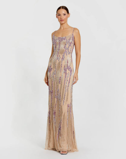 Beige Spaghetti Strap Beaded Column Gown