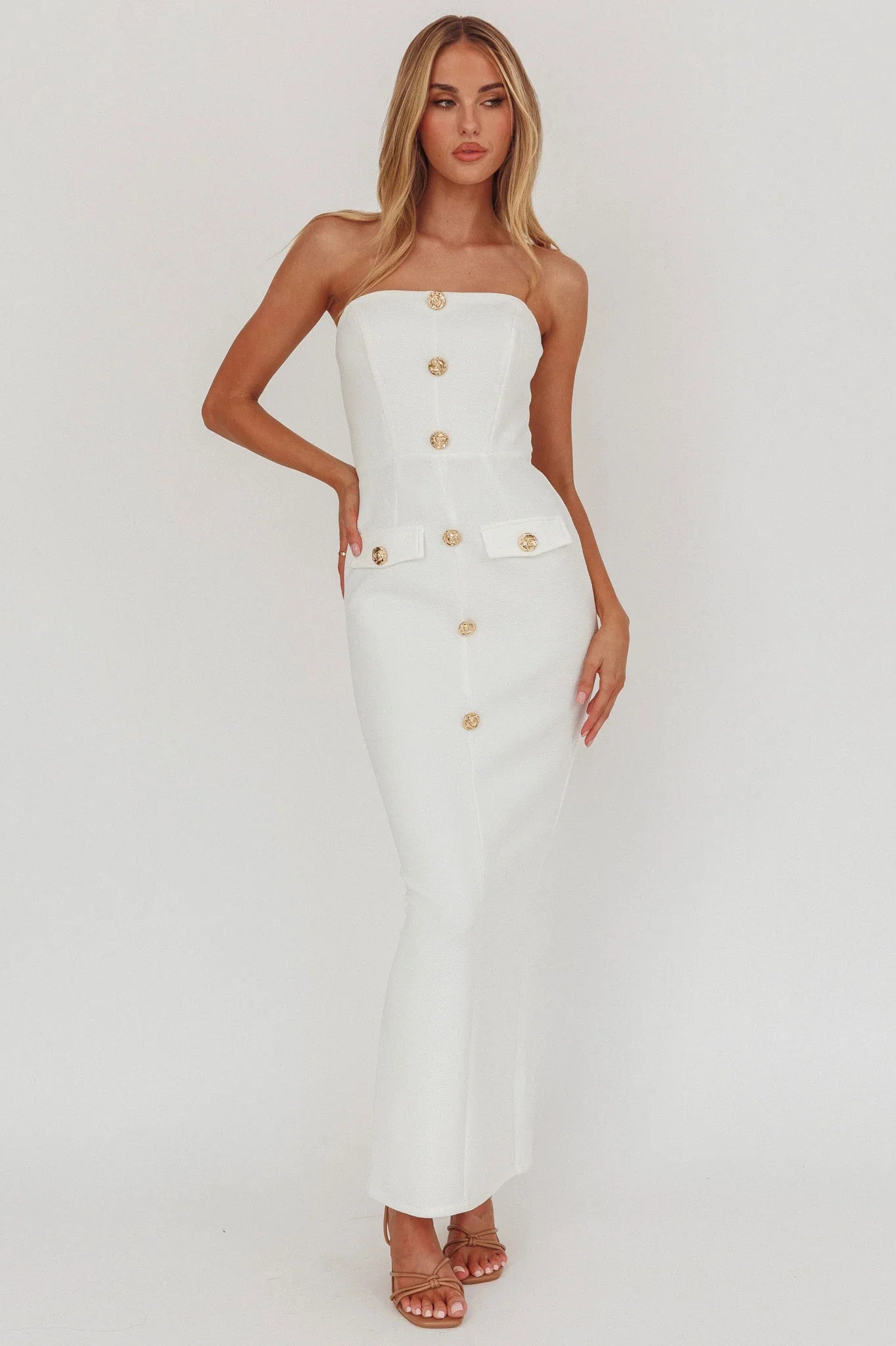 She Is Button Front Strapless Maxi Dress White