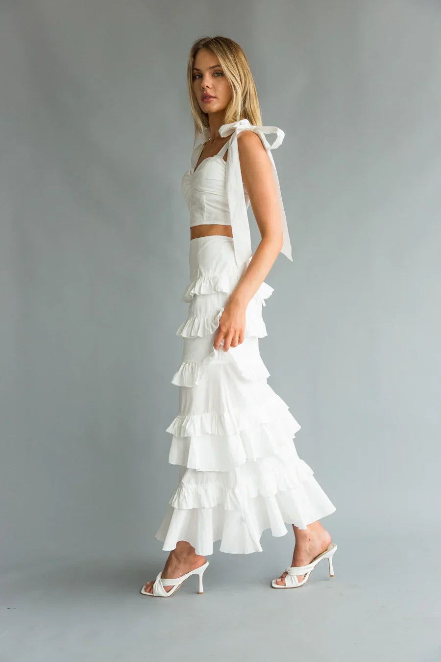 Dawn Bow Strap Bustier Top + Tiered Ruffle Skirt Set