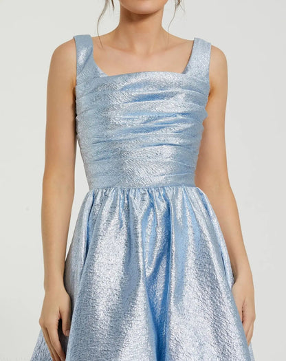 Blue Square Neck Sleeveless Metallic Midi Dress