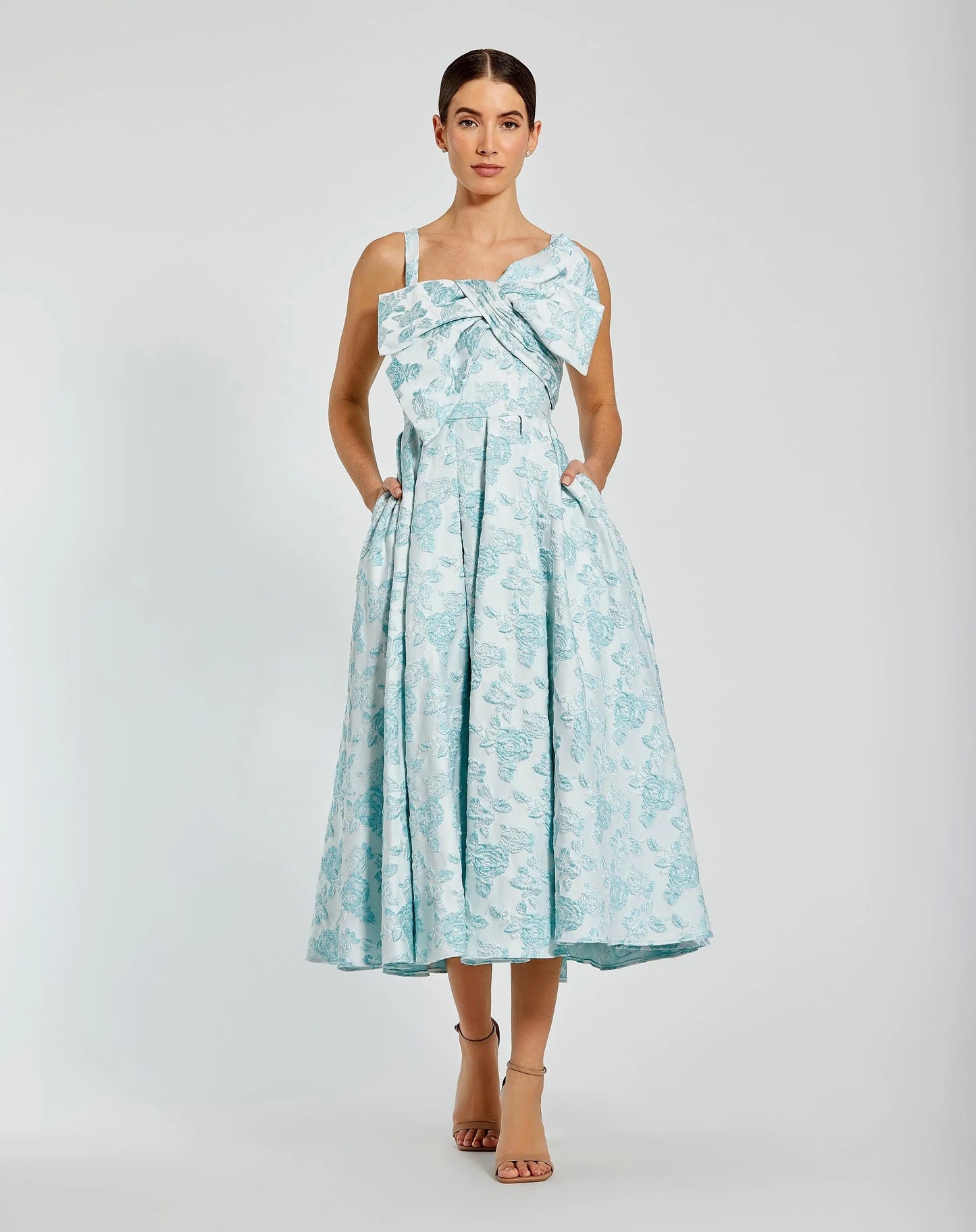 Blue Sleeveless Brocade Midi Dress With Bow