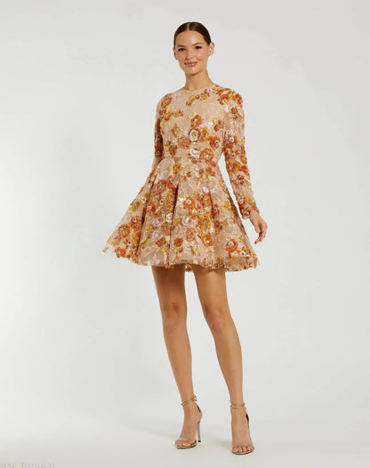 Beige High Neck Long Sleeve Sequin A Line Mini Dress