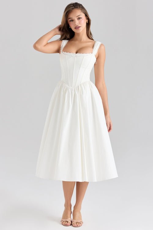 white stretch cotton corset midi dress