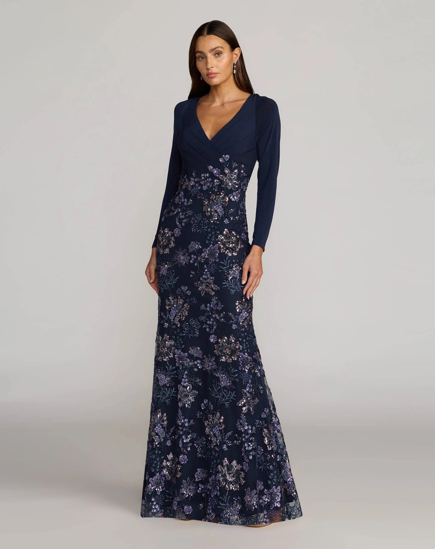 Navy Floral Embroidered Jersey Long Sleeve Gown