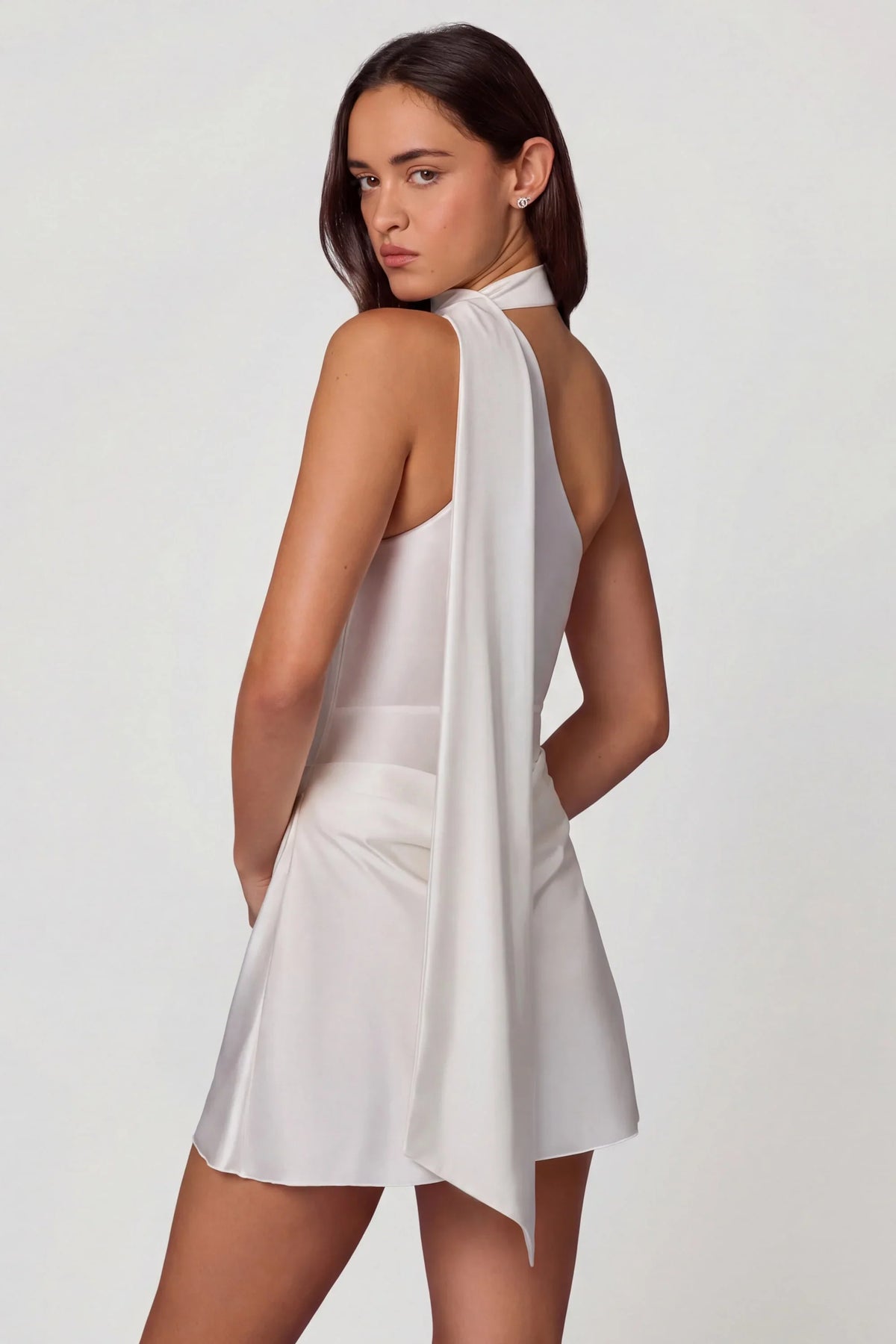 Asymmetric Scarf-Detail Mini Dress in White