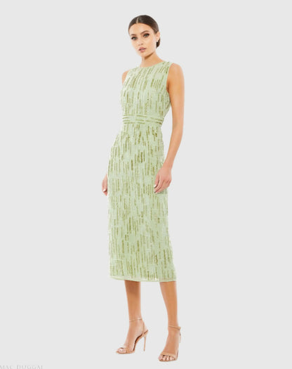 Abstract Beaded Sleeveless Midi Sheath Dress