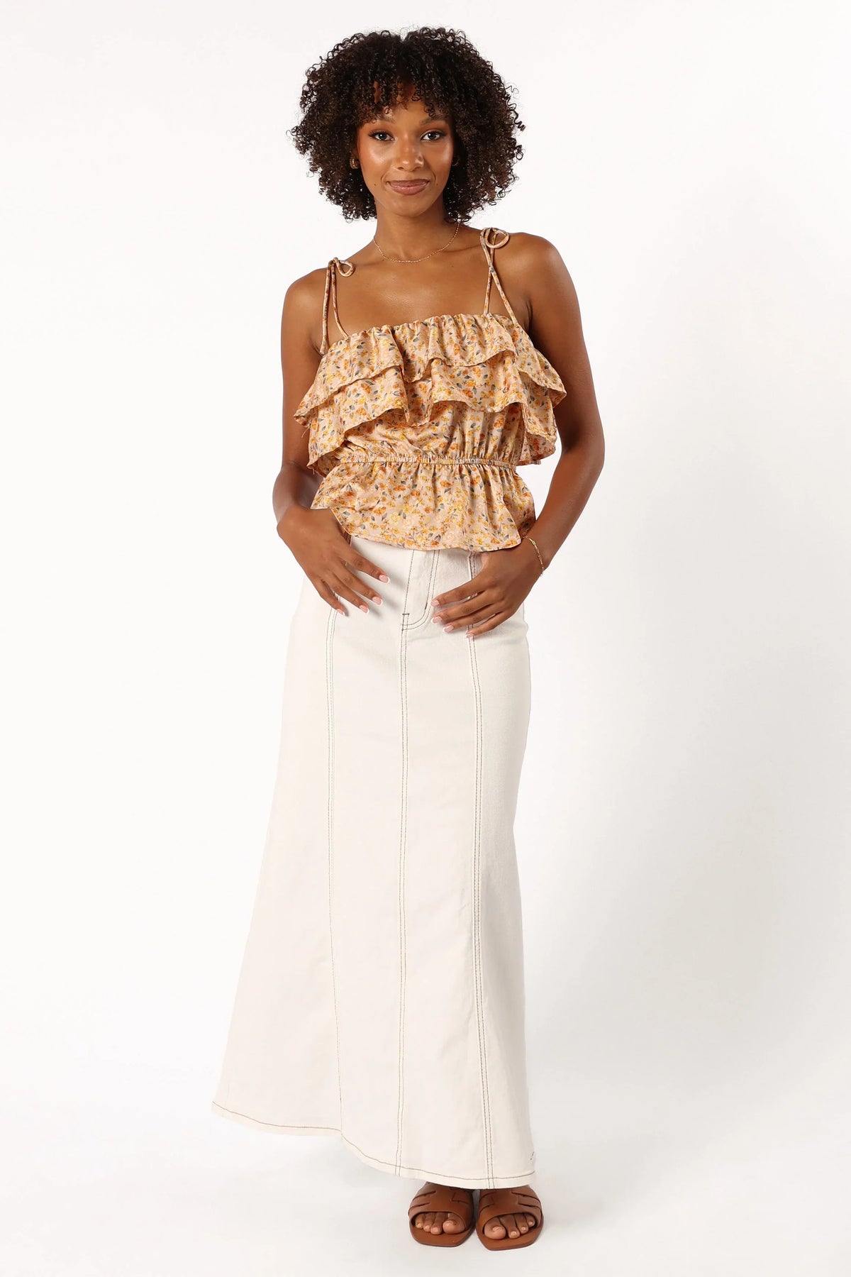 Skyla Ruffle Top - Taupe Multi