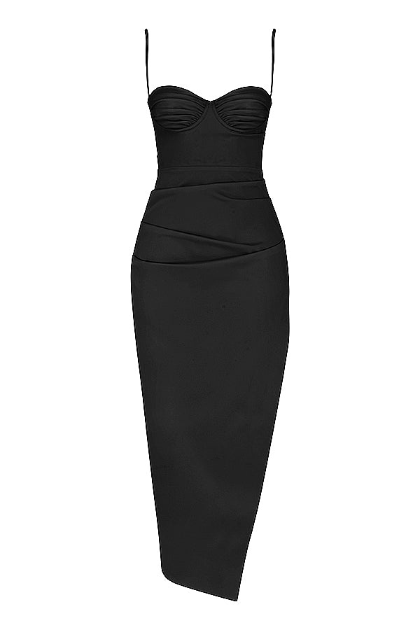 black satin pleated corset midi dress