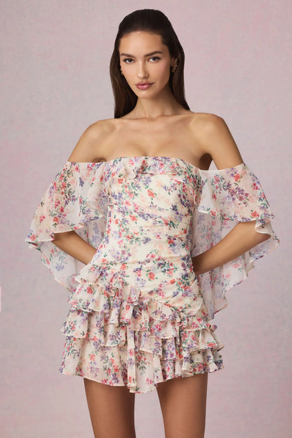 Off-Shoulder Ruffled Mini Dress in Primrose Floral Print