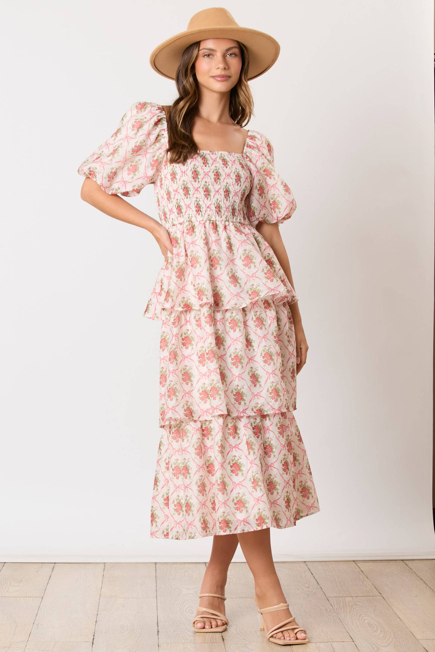 Bow & Rose Printed Puff Sleeve Tiered Midi Dress