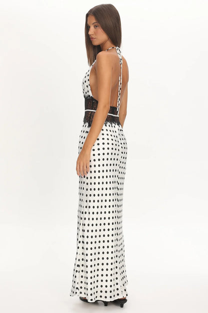 Tarly Lace Waist Halter Maxi Dress Polka Dot White
