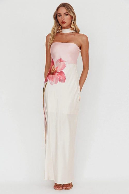 Damsel Reverse Halter Maxi Dress Flower Pink