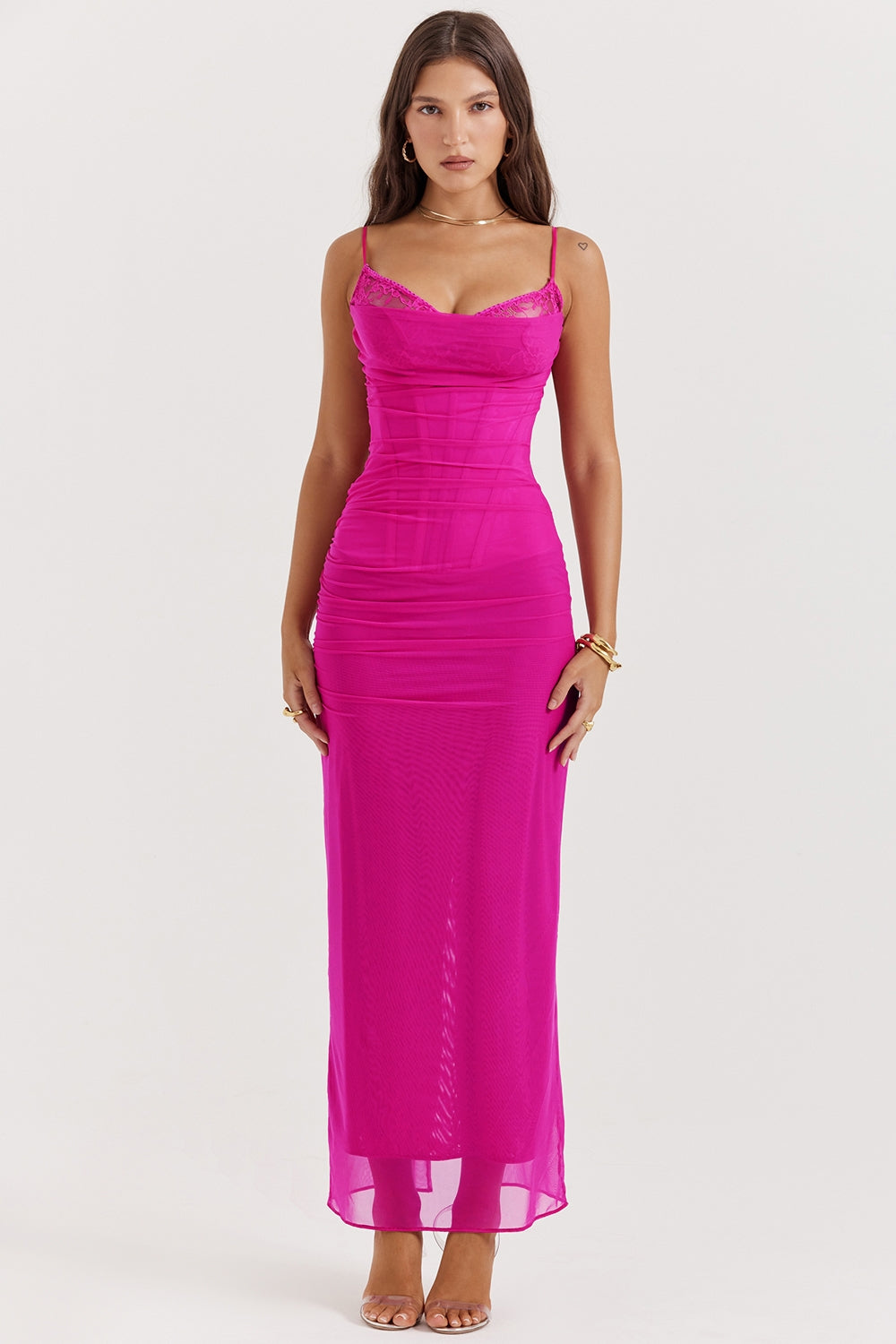 fuchsia stretch mesh maxi dress