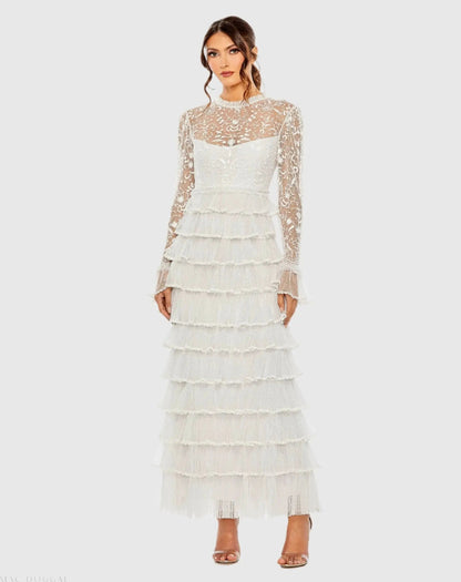 Embroidered Long Sleeve Ruffled Tiered Dress