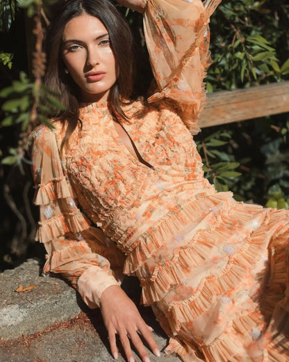 Orange Key Hole Detail Long Sleeve Dress