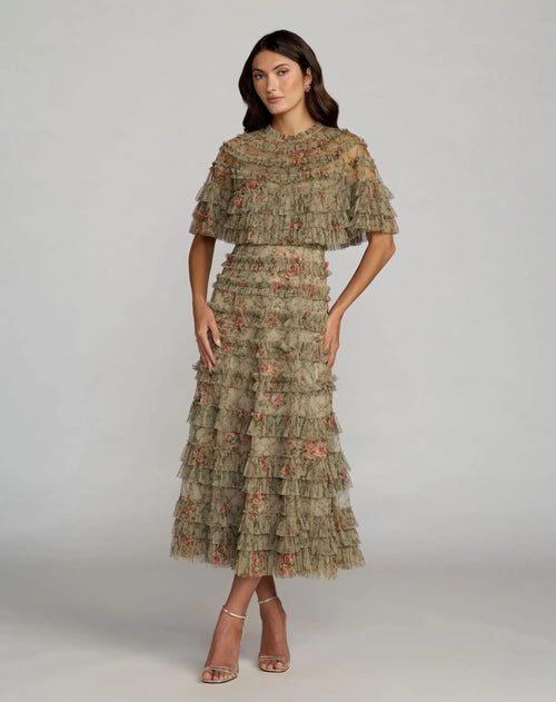 Green Floral Ruffle Midi Dress With Cape