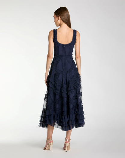 Navy Scoop Neck Sleeveless Micro Ruffle Midi Dress
