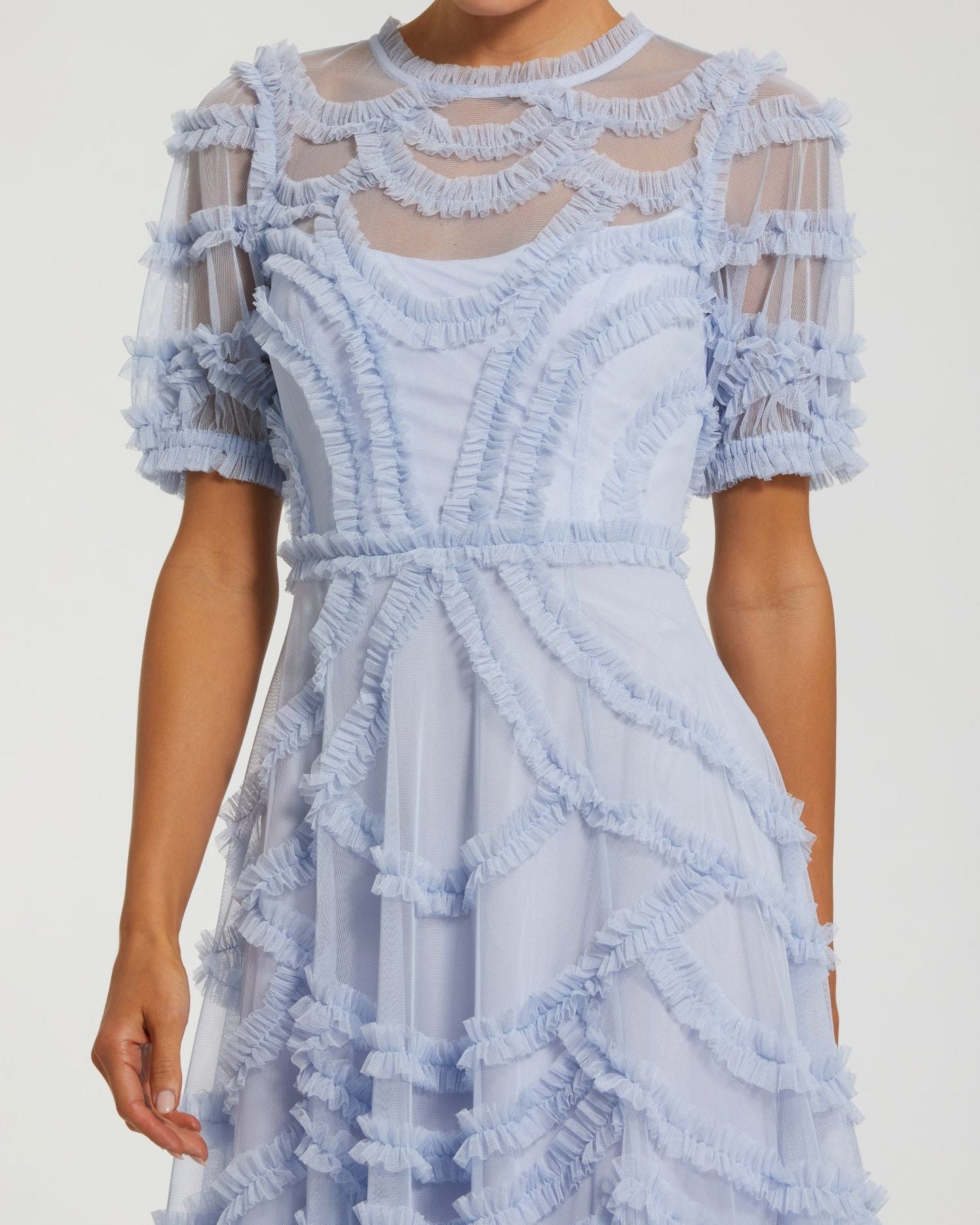 Blue High Neck Short Sleeve Ruffled Midi Dress