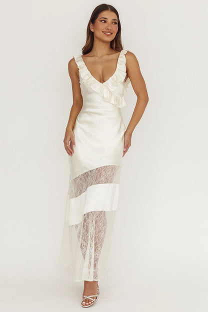 Alba Frill & Lace Trim Maxi Dress Oyster