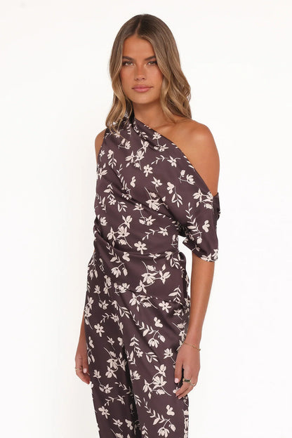 Romola Off Shoulder Top - Brown Cream Floral