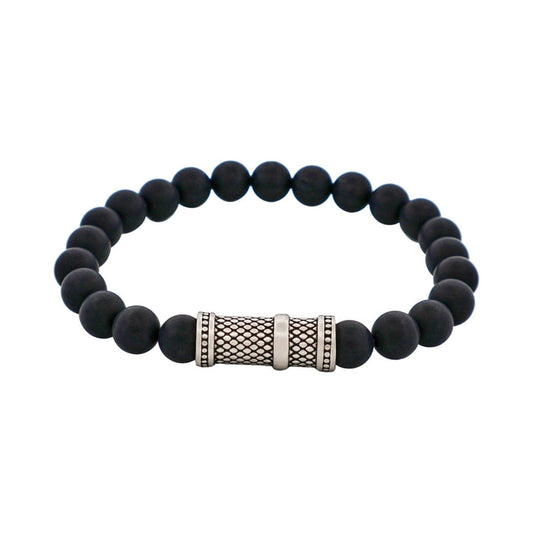 8mm Brushed Black Agate Stone Bracelet with Ion Plated Black Lattice Pattern Stainless Steel