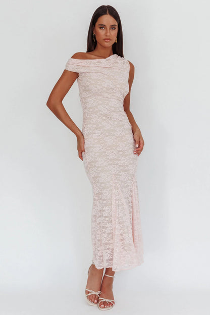Diana Asymmetric Shoulder Godet Maxi Dress Lace Pink
