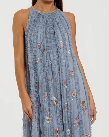 Blue Ruffled Trapeze Gown with Floral Embroidery