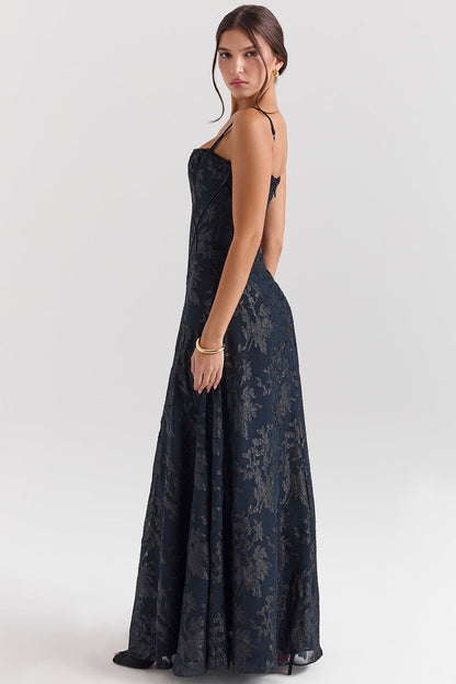 midnight blue lurex chiffon maxi dress
