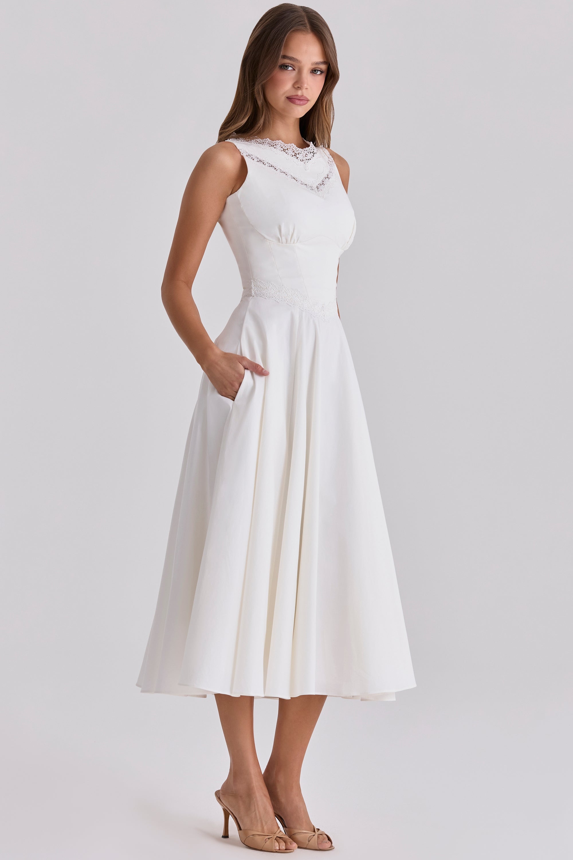 white cotton lace trim waist cinch midi dress