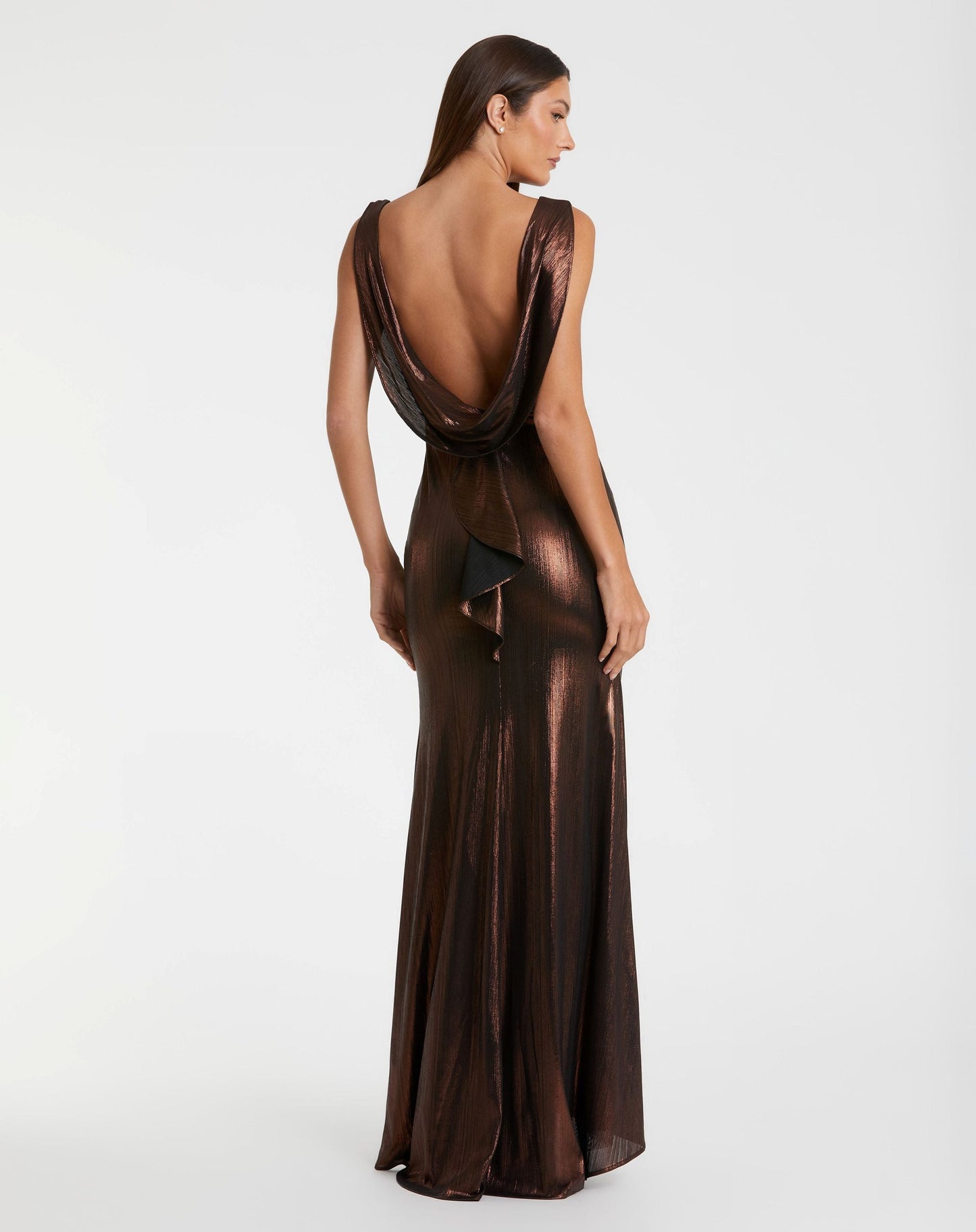 Petite Brown Metallic Jersey Cowl Back Column Gown