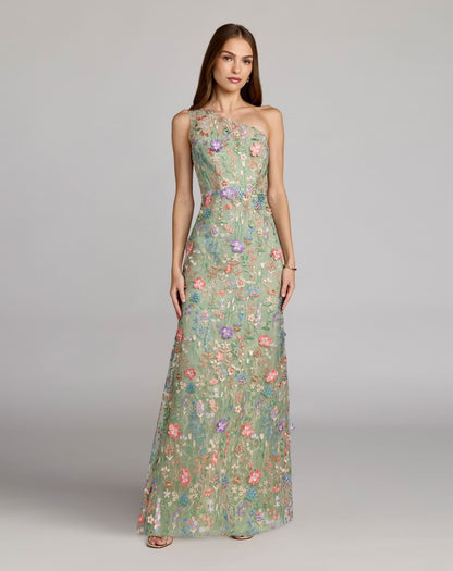 Petite Green One Shoulder Floral Embroidered Gown
