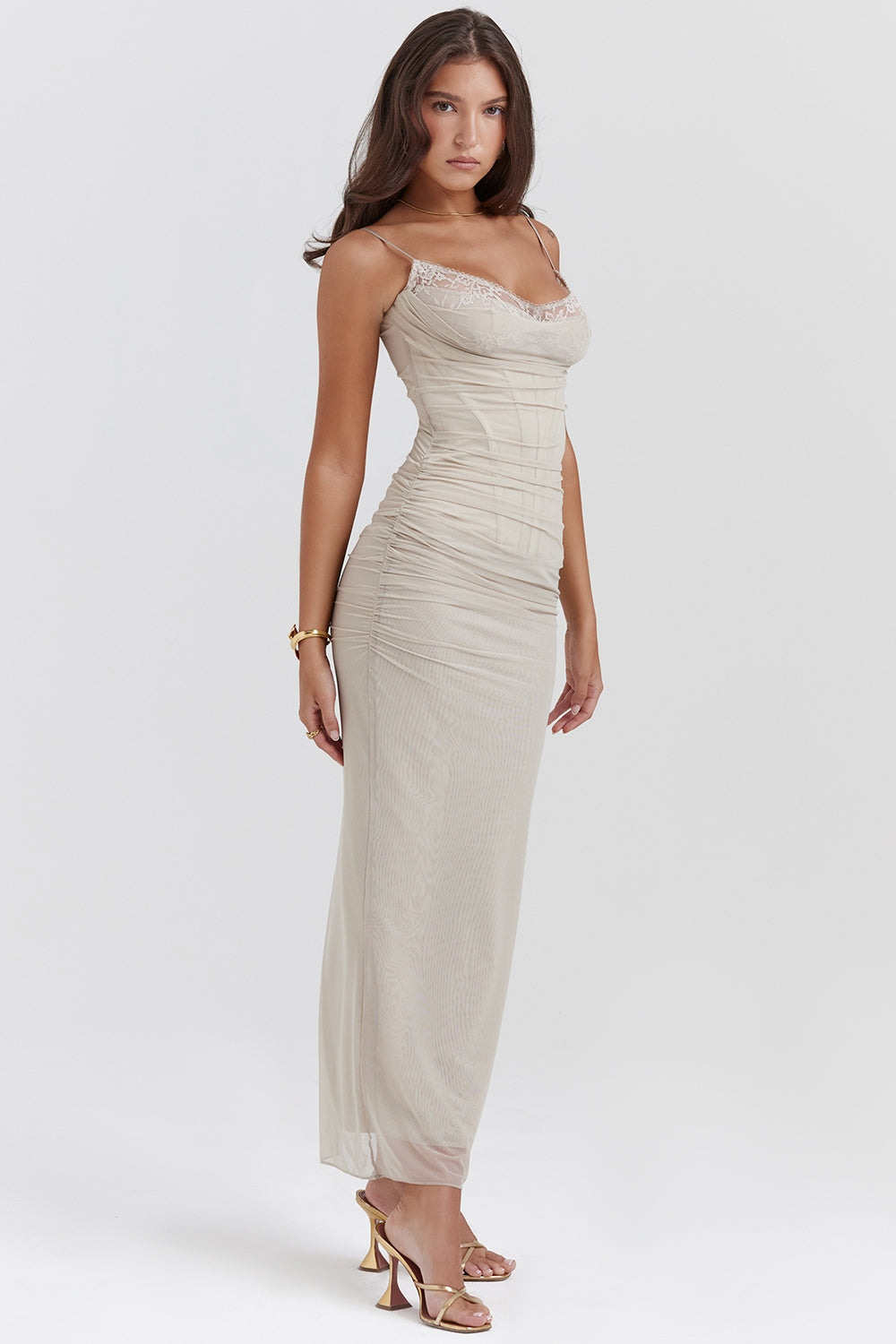 sand stretch mesh maxi dress